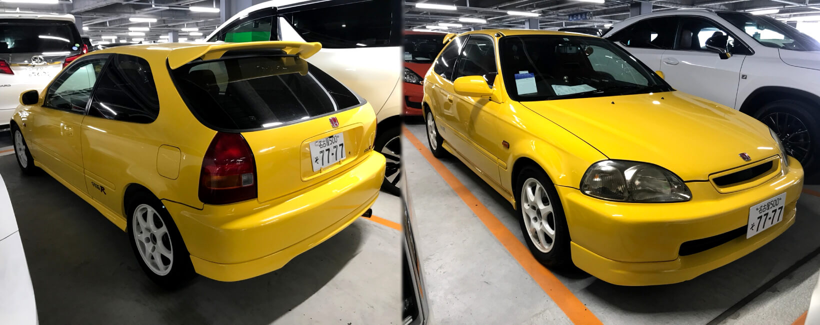 Front and rear view of a yellow Honda Civic Type-R EK9