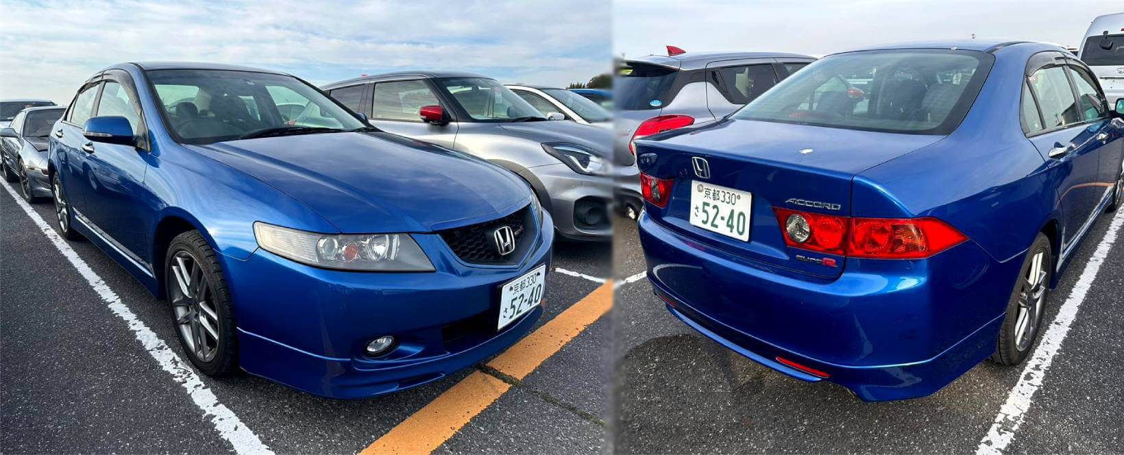 Front and rear view of a blue Honda Accord Euro R CL7