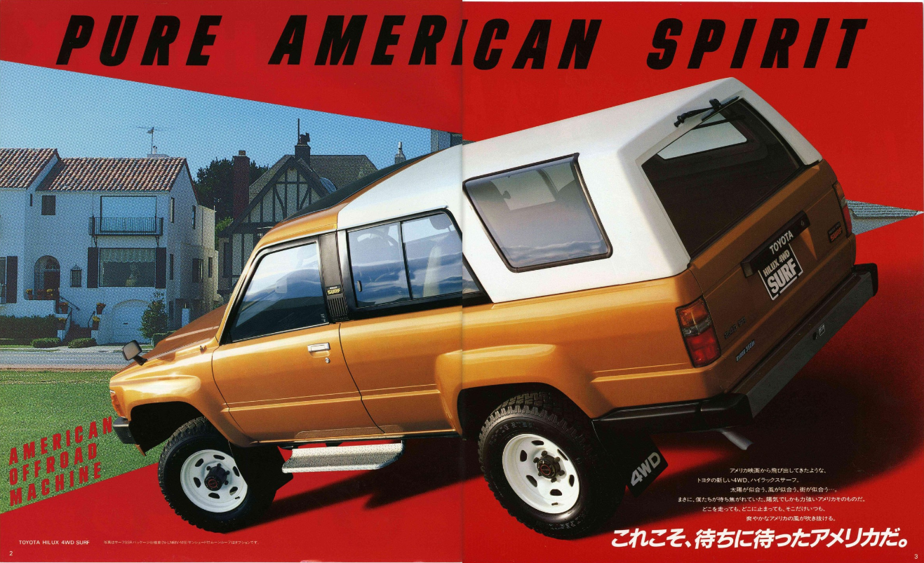 Toyota Hilux Surf 1st Generation Brochure with the taglines "Pure American Spirit" and "American Offroad Machine"