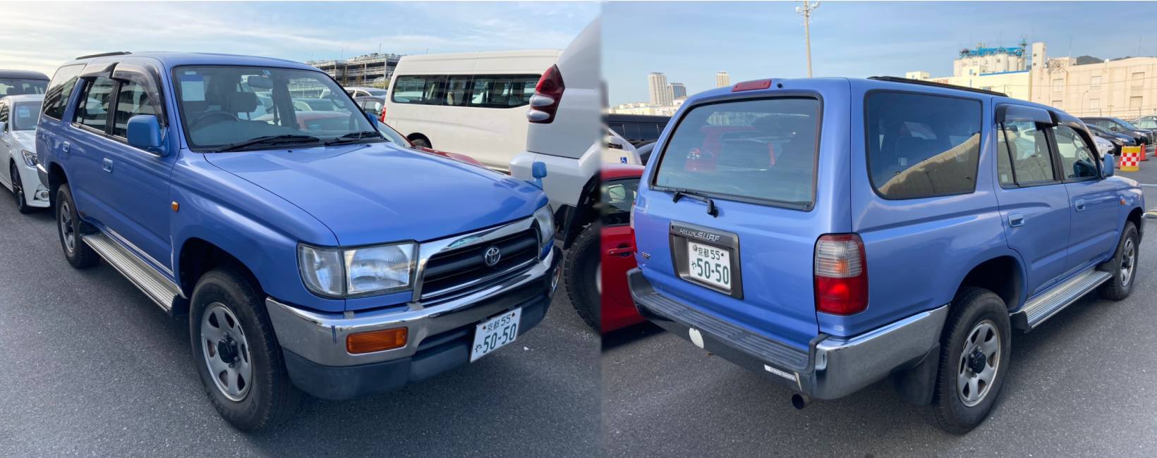 Front and rear view of a blue Toyota Hilux Surf 2nd Generation SUV